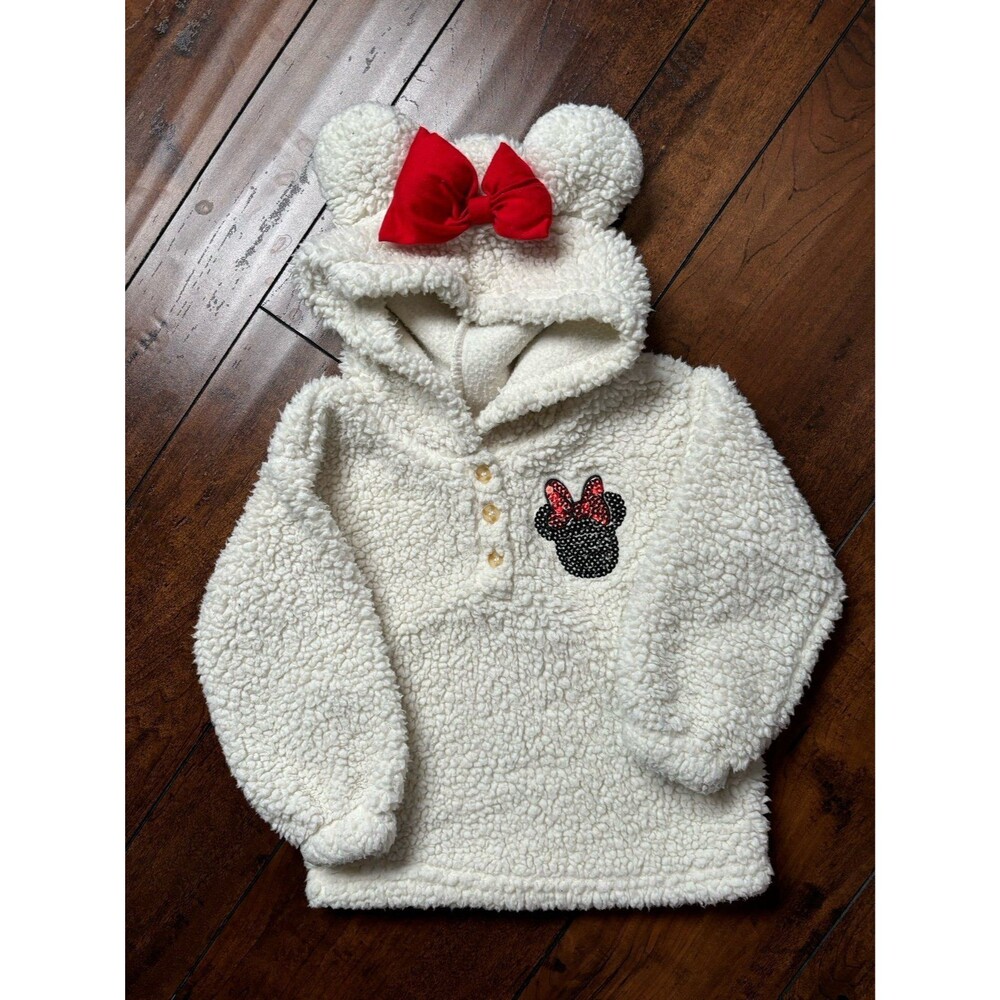 Disney Jr Minnie Mouse Girls Hooded Sherpa Sweatshirt with Bow Size 2T